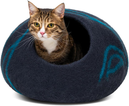 MEOWFIA Cat Cave – Premium Felt Cat Bed for Indoor Cats, Handmade 100% Merino Wool (Large, Black