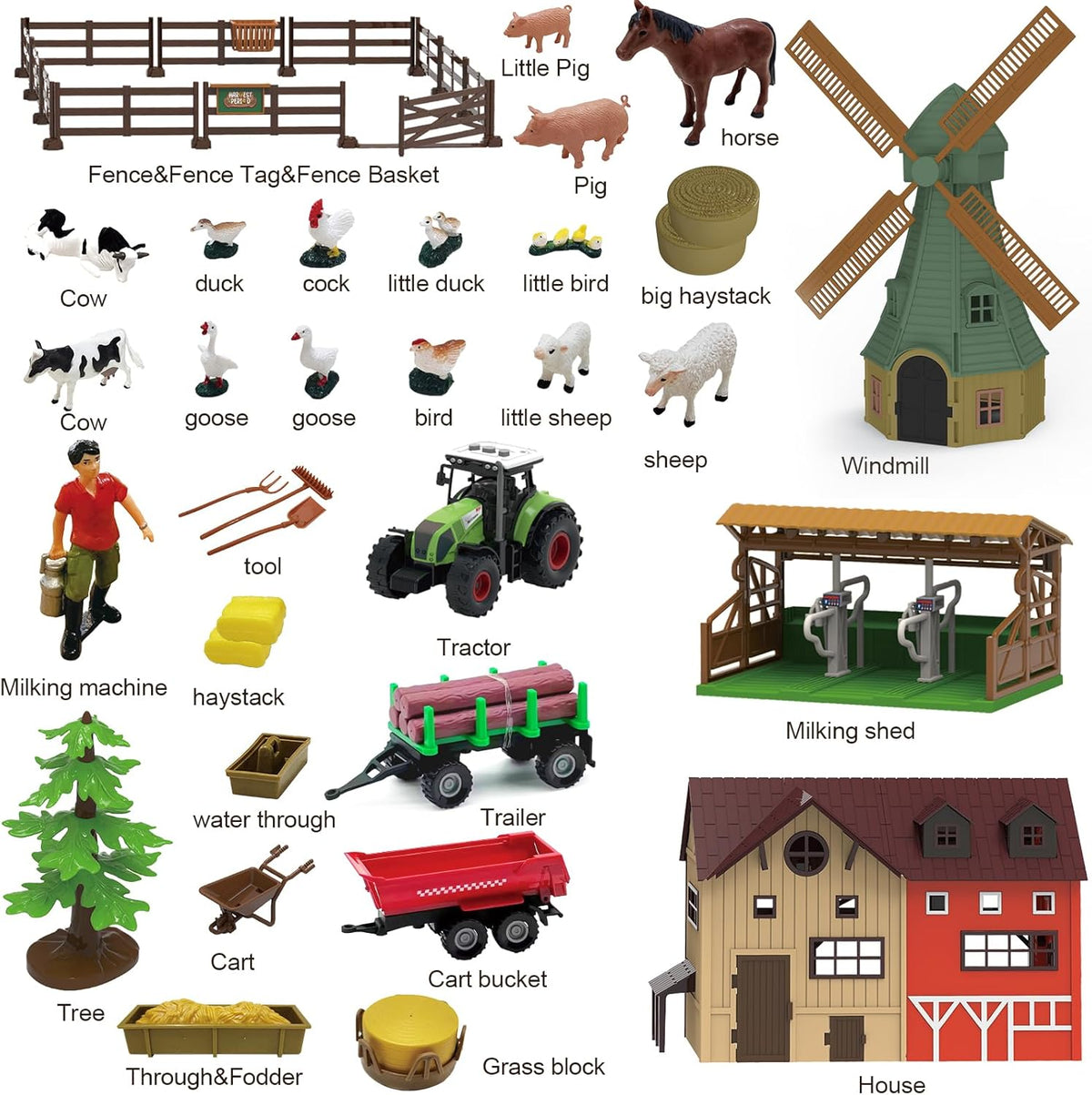 136PCS Farm Animals Toys Set Comes with Barn, Tractor Trailer, Milking shed, Windmill, Farmer