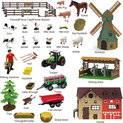 136PCS Farm Animals Toys Set Comes with Barn, Tractor Trailer, Milking shed, Windmill, Farmer