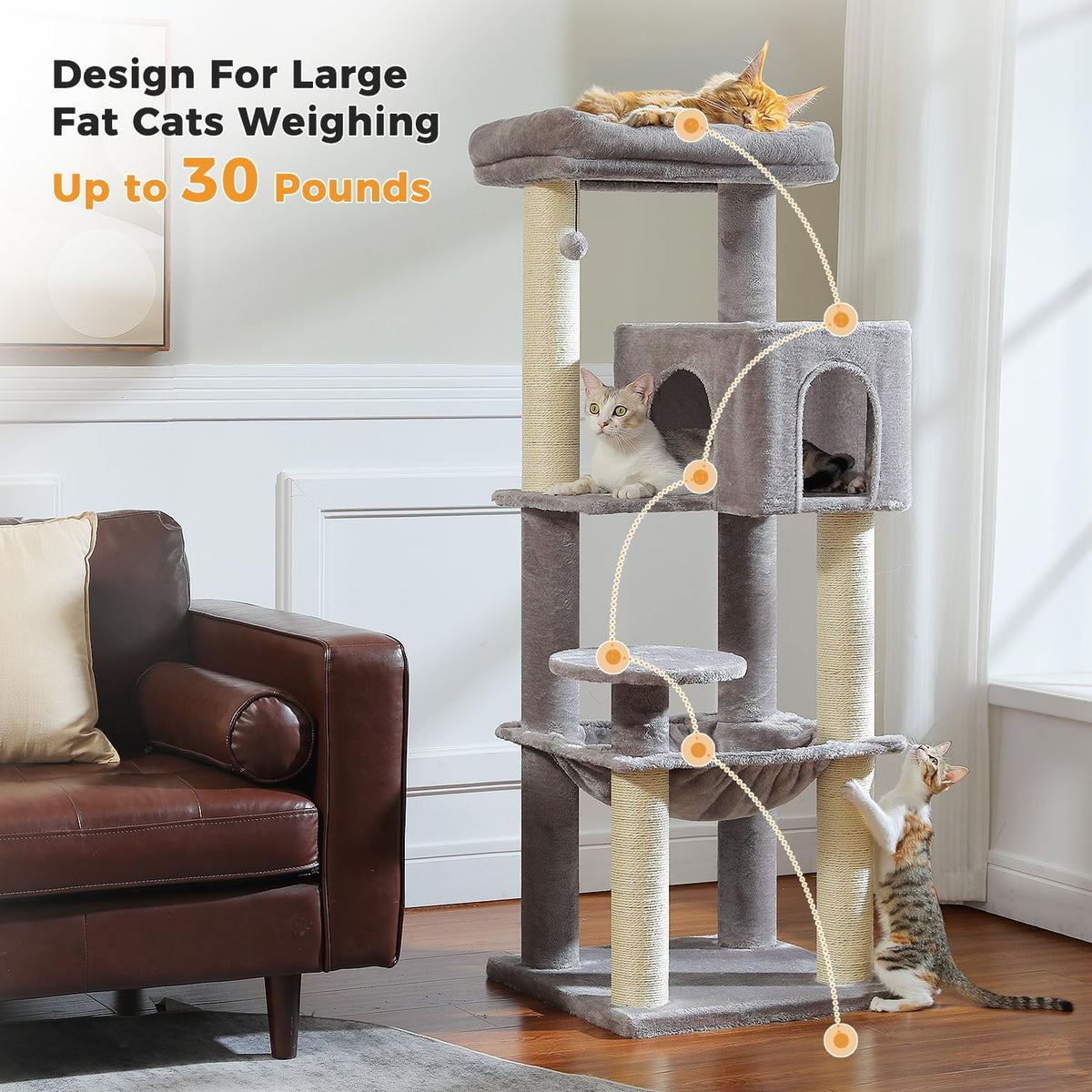 Large Cat Tree with Reinforced Scratching Posts (φ3.1in) for Big Adult Cats 30 lbs, 57.8" Heavy