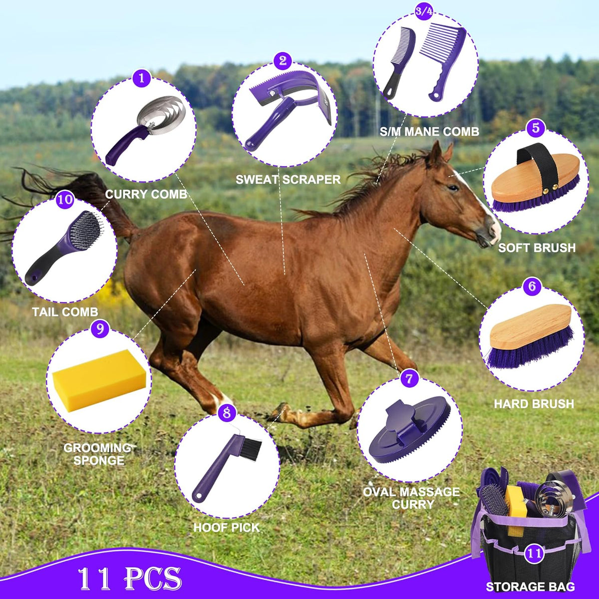 Horse Grooming Kit - 11 Piece Bathing Supplies with Organize Bag, Full Body Kit Including Sweat