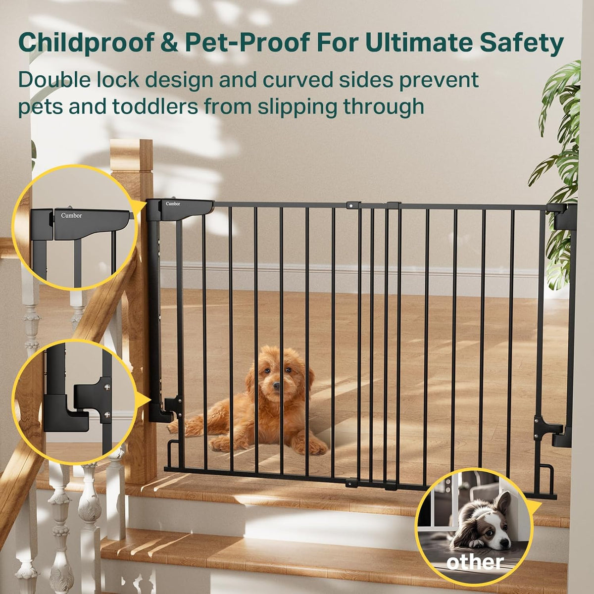 Cumbor 29.2-43" No Bottom Bar Baby Gate for Stairs, 2-in-1 Hardware Mounted Dog Gate Indoor, Wide