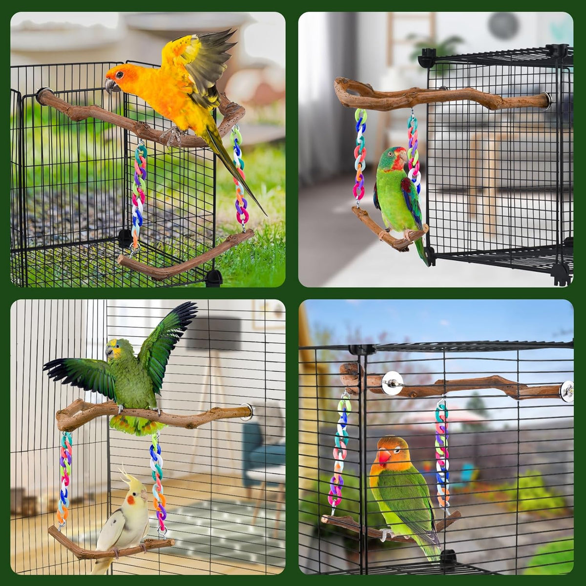 Bird Swing Toys, Standing Bird Perch with Natural Grape Wood, U Shape Hangable Birdcage
