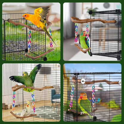 Bird Swing Toys, Standing Bird Perch with Natural Grape Wood, U Shape Hangable Birdcage