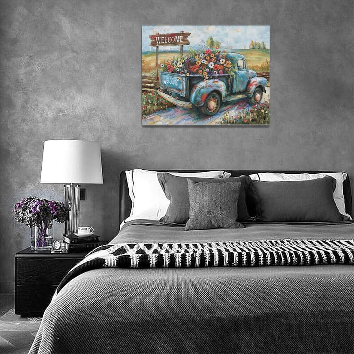 Farmhouse Truck Wall Art Rustic Country Wildflowers Wall Decor Road Flowers Landscape Pictures