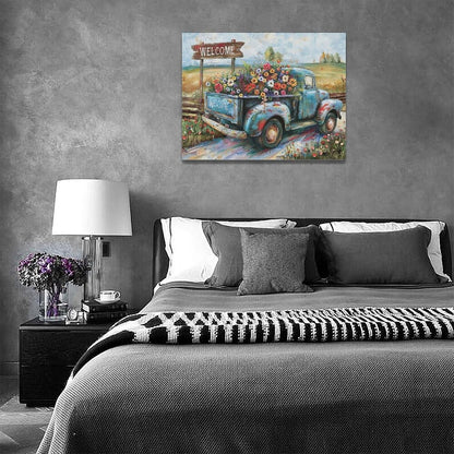 Farmhouse Truck Wall Art Rustic Country Wildflowers Wall Decor Road Flowers Landscape Pictures