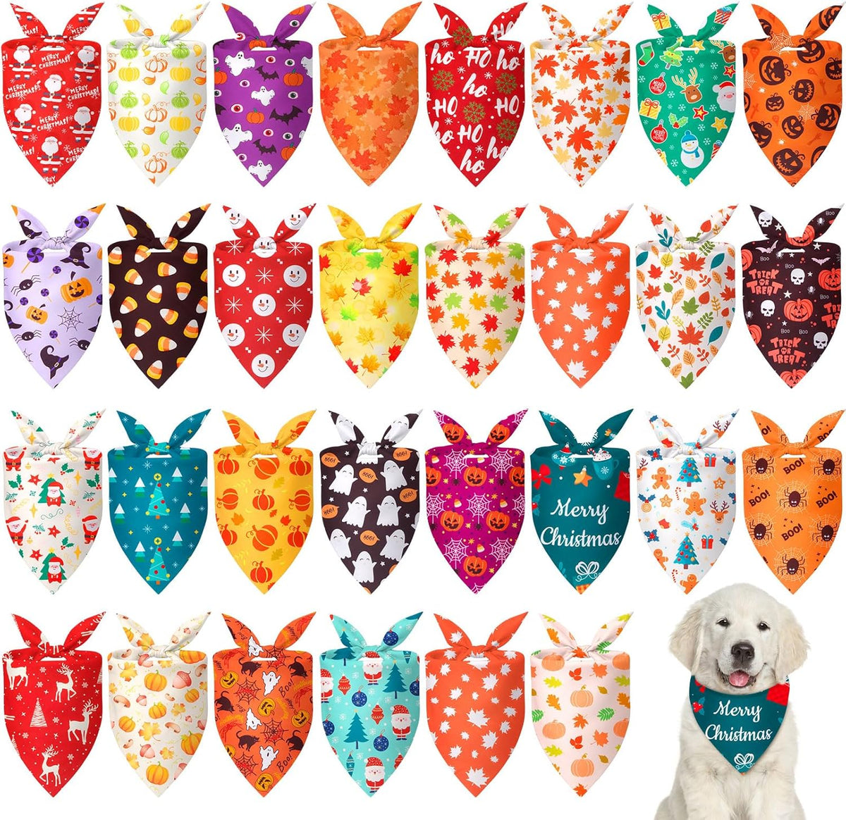 Chunful 30 Pcs Holiday Dog Bandanas Bulk for Fall Thanksgiving Halloween Christmas with Maple