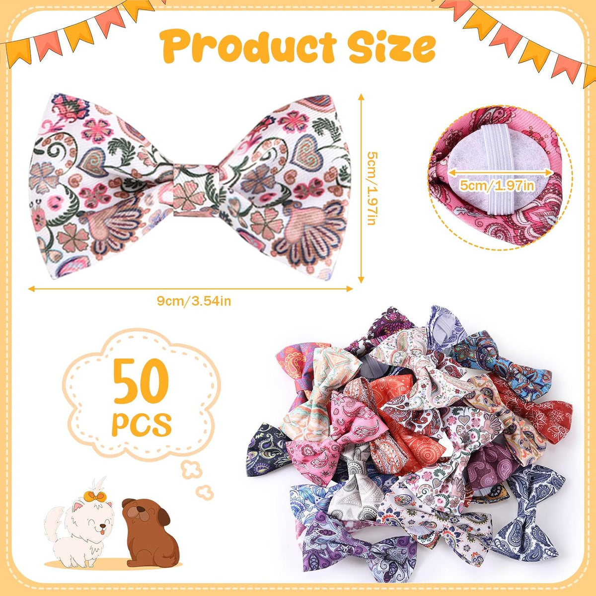 Reginary 50 Pieces Dog Bow Ties Pet Collar Bow Puppy Collar Attachment with Rubber Bands for Small