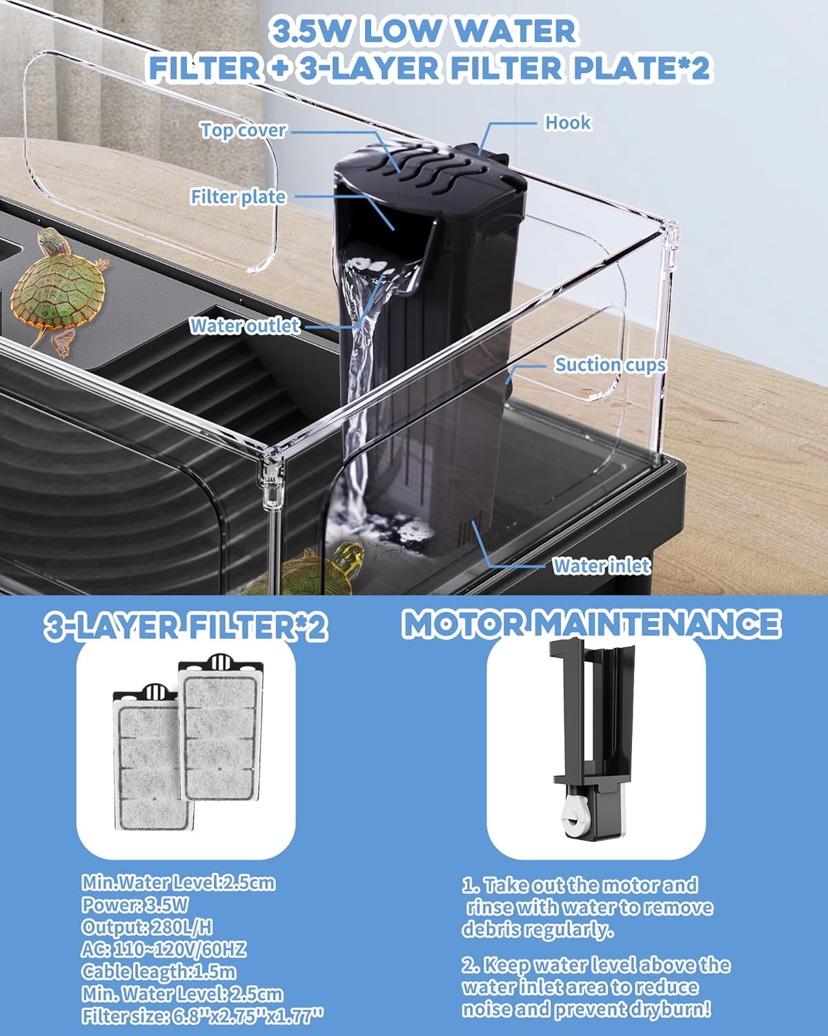 Small Turtle Tank Kit, Acrylic Turtle Tank Starter Kit with Basking Platform, Bottom Drainage