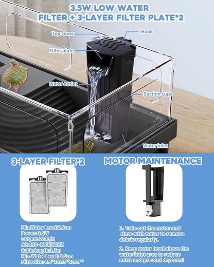 Small Turtle Tank Kit, Acrylic Turtle Tank Starter Kit with Basking Platform, Bottom Drainage