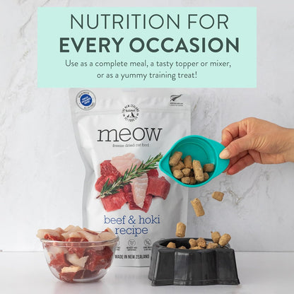 Meow Beef & Hoki Freeze Dried Raw Cat Food, Mixer, or Topper, or Treat - High Protein, Natural