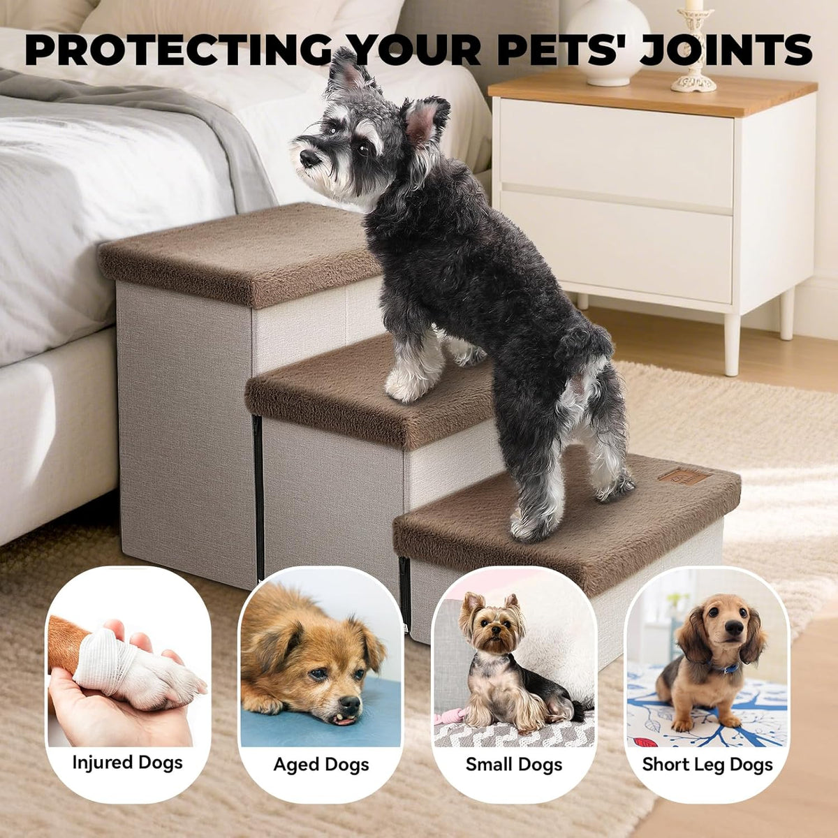 Dog Stairs with Furry Lids 18" H, 3-Step Wider Dog Steps with Storage for Small/Medium/Large Old