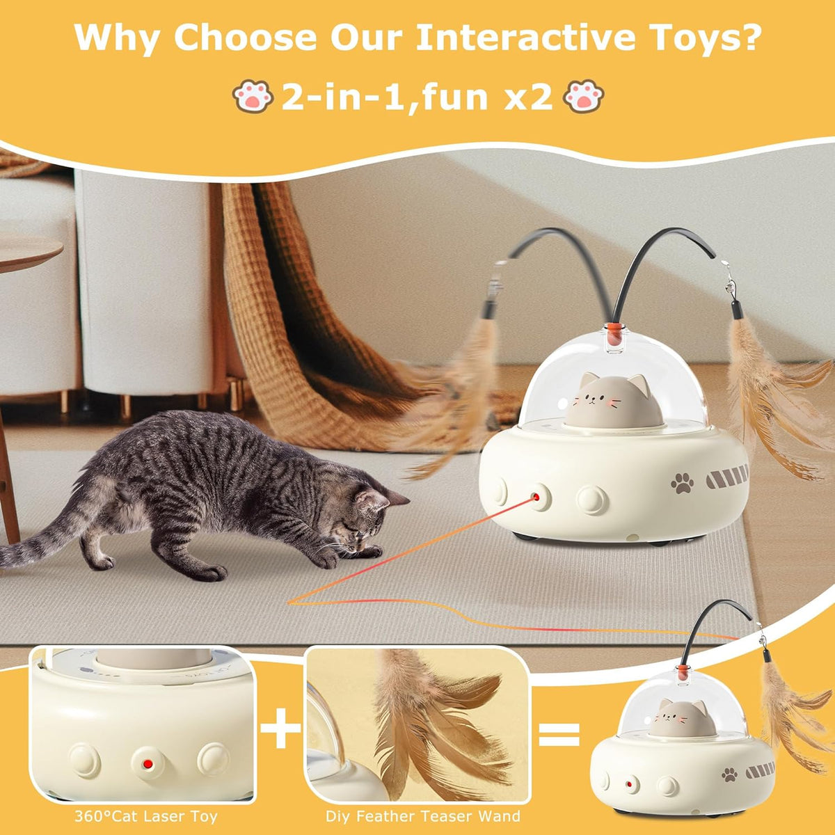 hooroor 2-in-1 UFO Laser Cat Toy – Automatic Motion with Feather, Rechargeable Smart Sensor