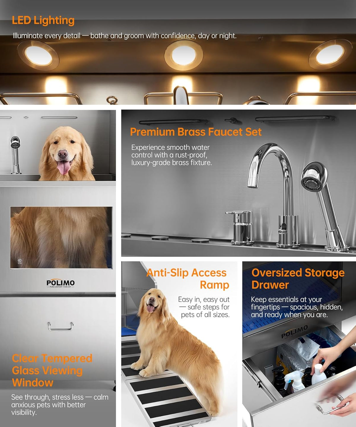 POLIMO Dog Washing Station, LED Professional Stainless Steel Dog Bathing Station 50", Dog Grooming