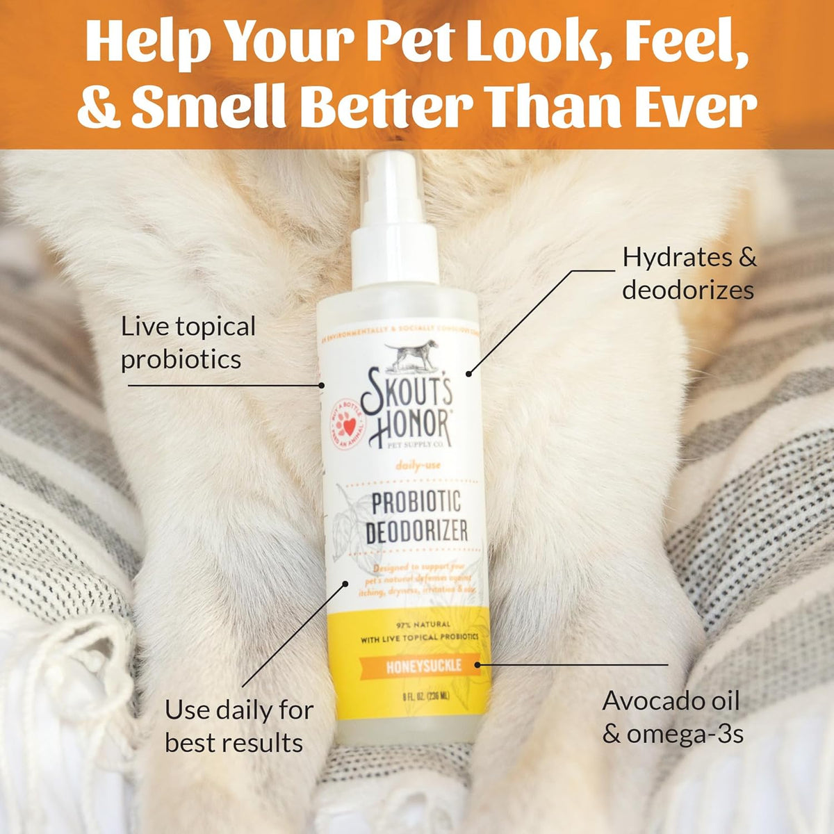 Skout's Honor Probiotic Pet Deodorizer Spray- Hydrating Daily-Use with Avocado Oil & Omega-3s