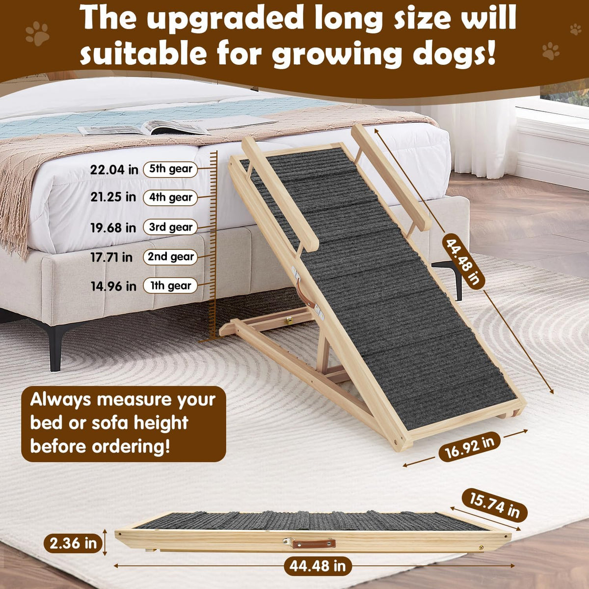 Dog Ramp for Couch, Bed or Car, Wooden 44" Long Pet Stairs for Small & Large Old Dogs & Cats, Hold