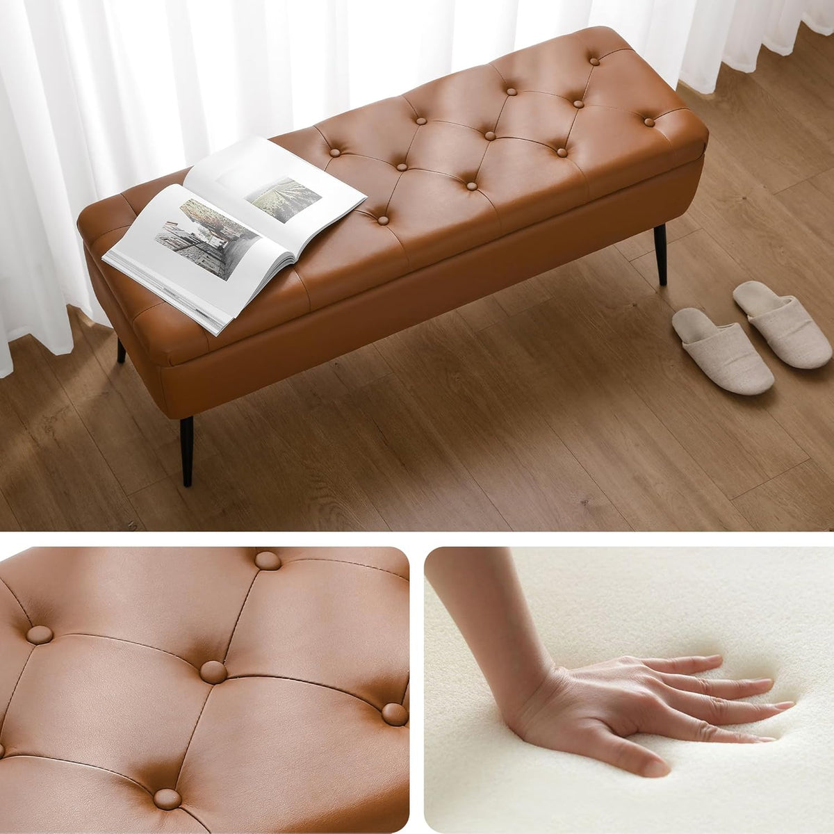 Leather Storage Ottoman Bench,End of Bed Bench for Living Room Bedroom Dinning Room