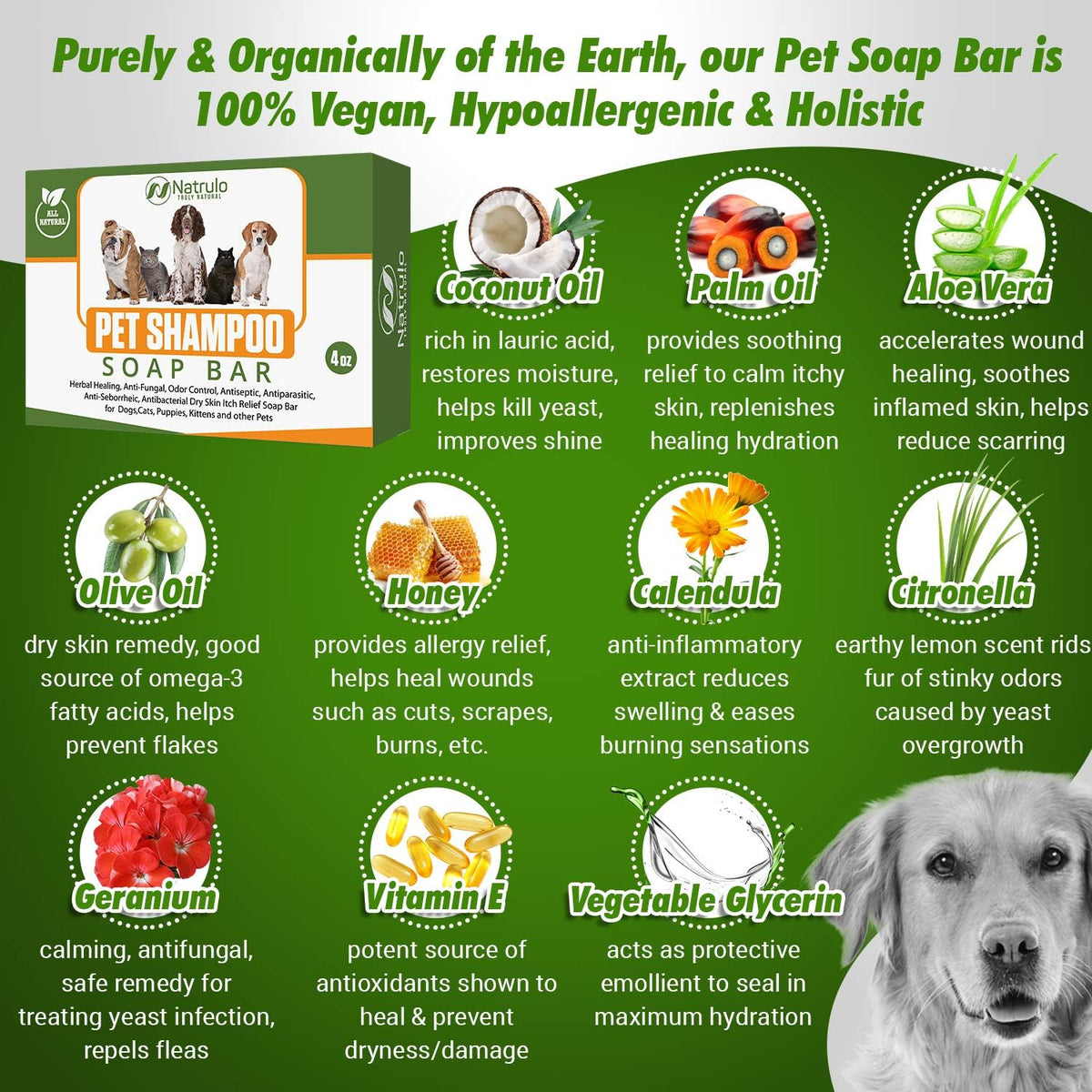 Natrulo All Natural Pet Shampoo Soap Bar for Dogs, Cats, Puppies – Herbal Healing Dry Skin Itch