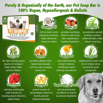 Natrulo All Natural Pet Shampoo Soap Bar for Dogs, Cats, Puppies – Herbal Healing Dry Skin Itch