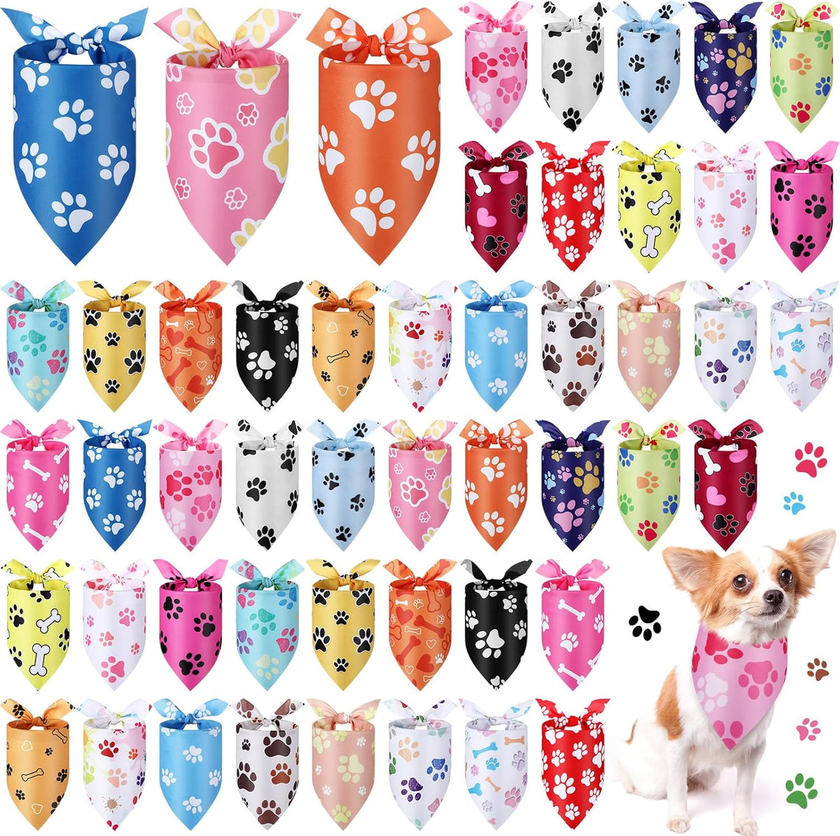 Abbylike 50 Pcs Paw Print Dog Bandanas Bulk Cute Footprint Bandanas for Dogs Triangle Kerchief Bib