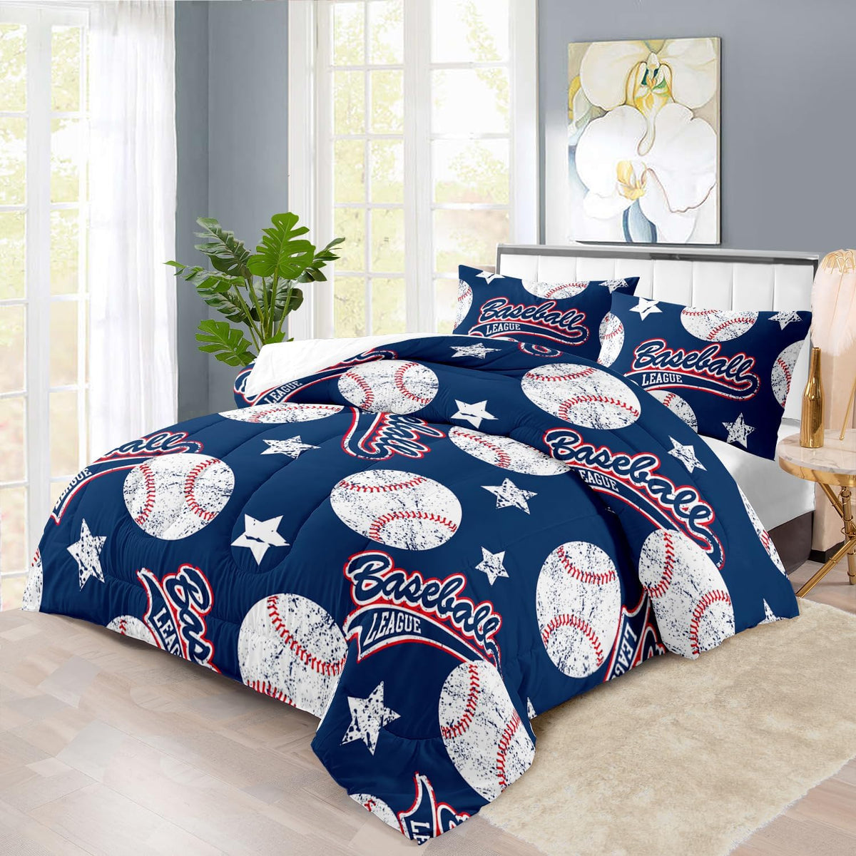 Baseball Comforter Set Full,Sports Bedding Sets for Boys,Blue Sports Comforter Full Bedroom