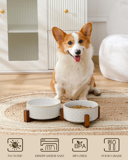 MALACASA Dog Bowl Set with Walnut Wood Stand, 3.5 Cups Ceramic Pet Bowls for Puppy Dogs, Dual Food