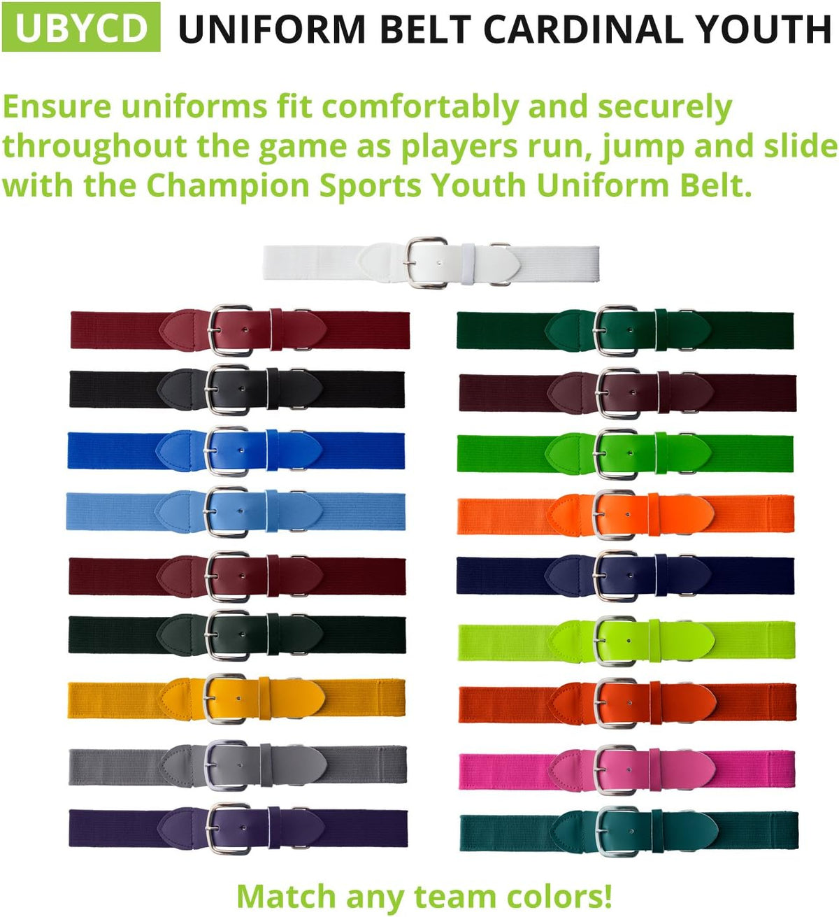 Champion Sports Baseball/Softball Uniform Belt, Comfort Stretch Fit Durable Syntex Tab - Youth &
