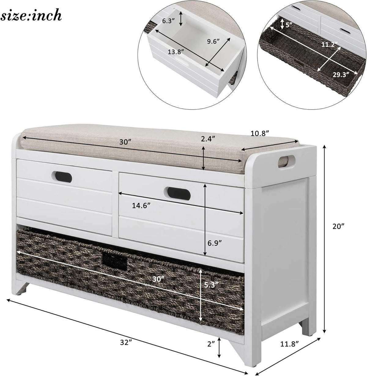 Storage Bench Removable Basket 2 Drawers Fully Assembled Acacia Wood Shoe Bench Standing Shoe Rack