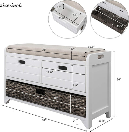 Storage Bench Removable Basket 2 Drawers Fully Assembled Acacia Wood Shoe Bench Standing Shoe Rack
