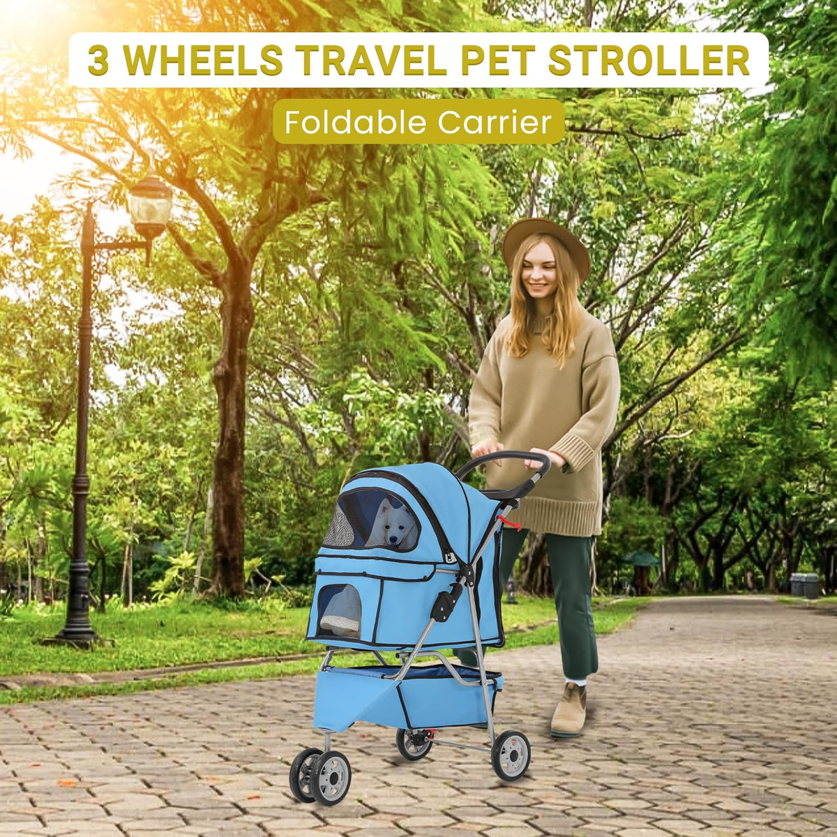 Foldable Pet Stroller for Cats and Dogs 3 Wheels Carrier Strolling Cart with Weather Cover, Mesh