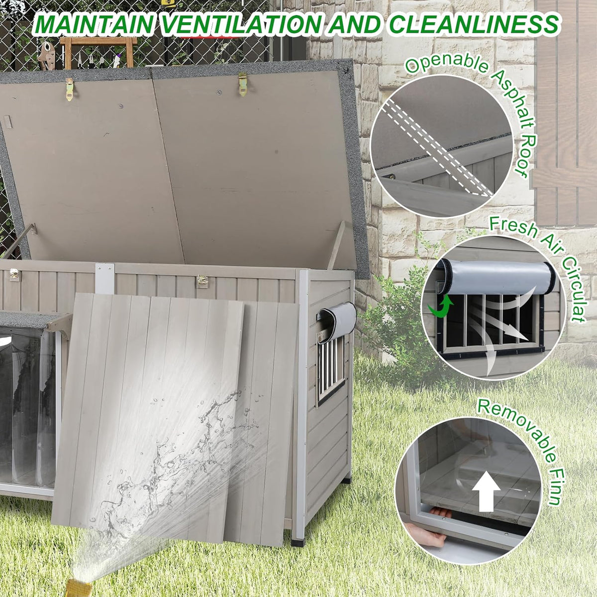 Dog House Outdoor Weatherproof & Wooden Dog Kennel with Chew-Proof Iron Frame，Removable Floor