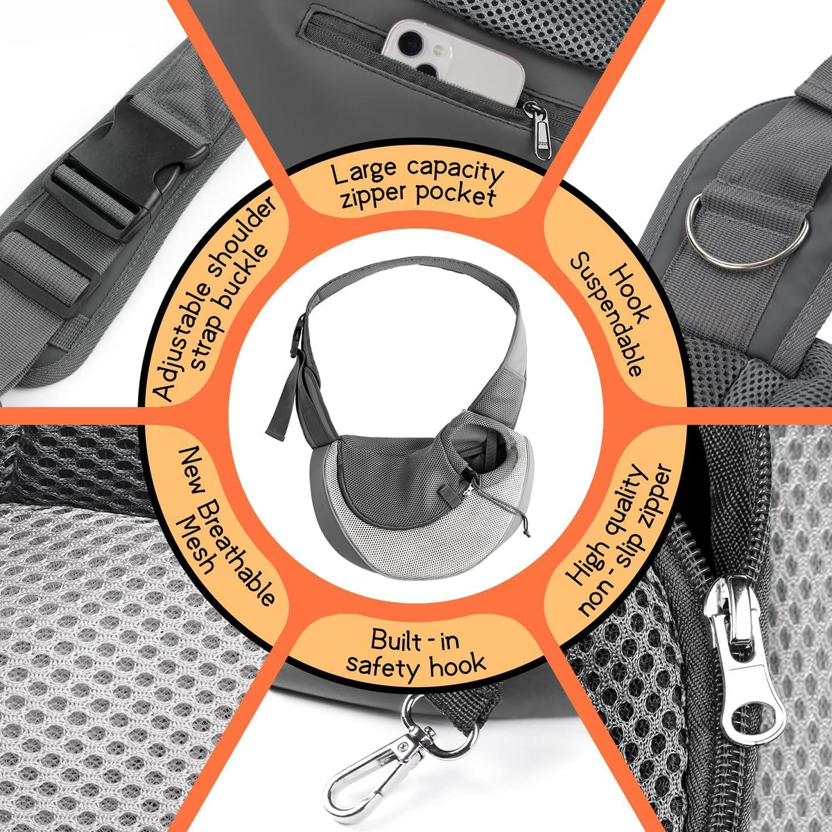 YUDODO Pet Sling Carrier for Small Dogs & Cats – Hands-Free Puppy Carrier with Safety Hook, Large