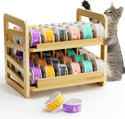 Rolling Bamboo Cat Food Can Organizer, 2-Layer Wet Cat Food Storage Container Holds 42 (3oz) Cans