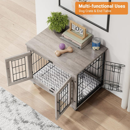 Lulive Small Dog Crate Furniture Set of 2, Dog Kennel Indoor Double Doors Wooden Dog Cage, 27''