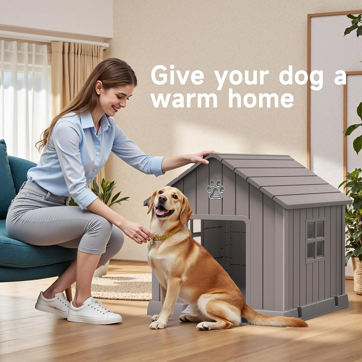 Vixzen 32in Large Outdoor Dog House,Durable Water Resistant Resin Dog House,Doghouse for Small to