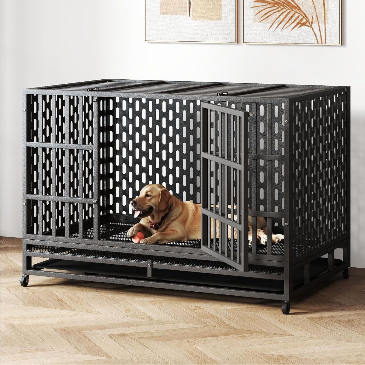 48/42 Inch Heavy Duty Indestructible Dog Crate Steel Escape Proof, Indoor Double Door High Anxiety