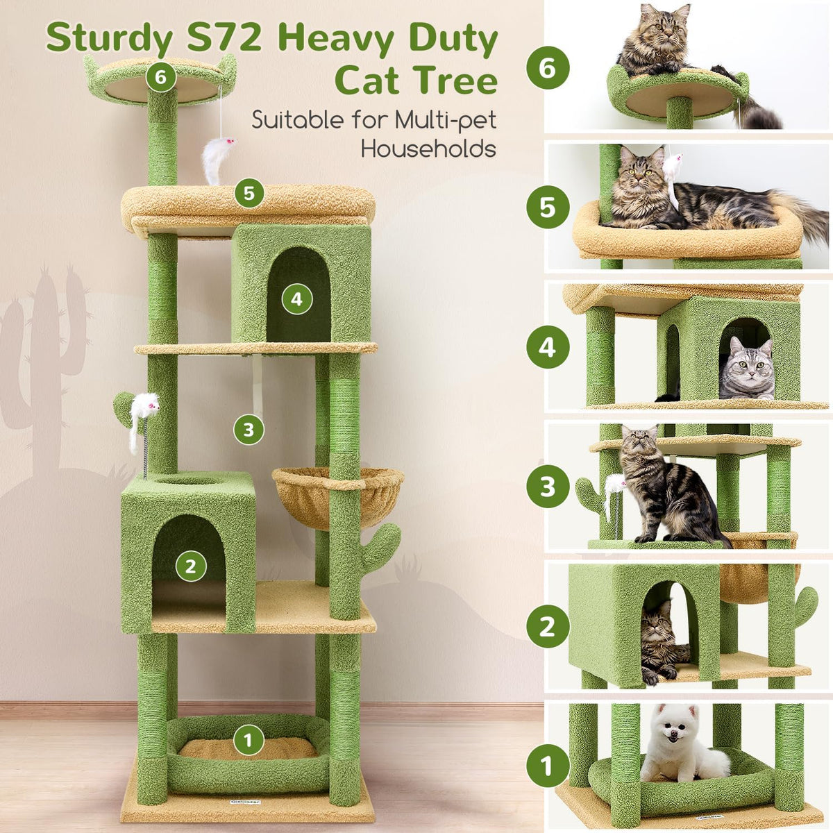 Globlazer Heavy Duty Cactus Cat Tree for Large Cats, Sturdy 72in Maine Coon Cat Tree for Large Cats