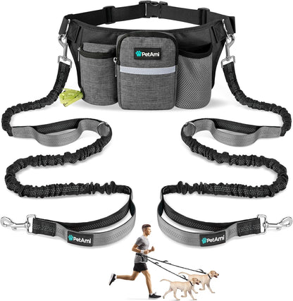PetAmi Premium Hands Free Dog Leash for 2 Dogs, Adjustable Waist Belt Leash for Dog Walking, Fanny