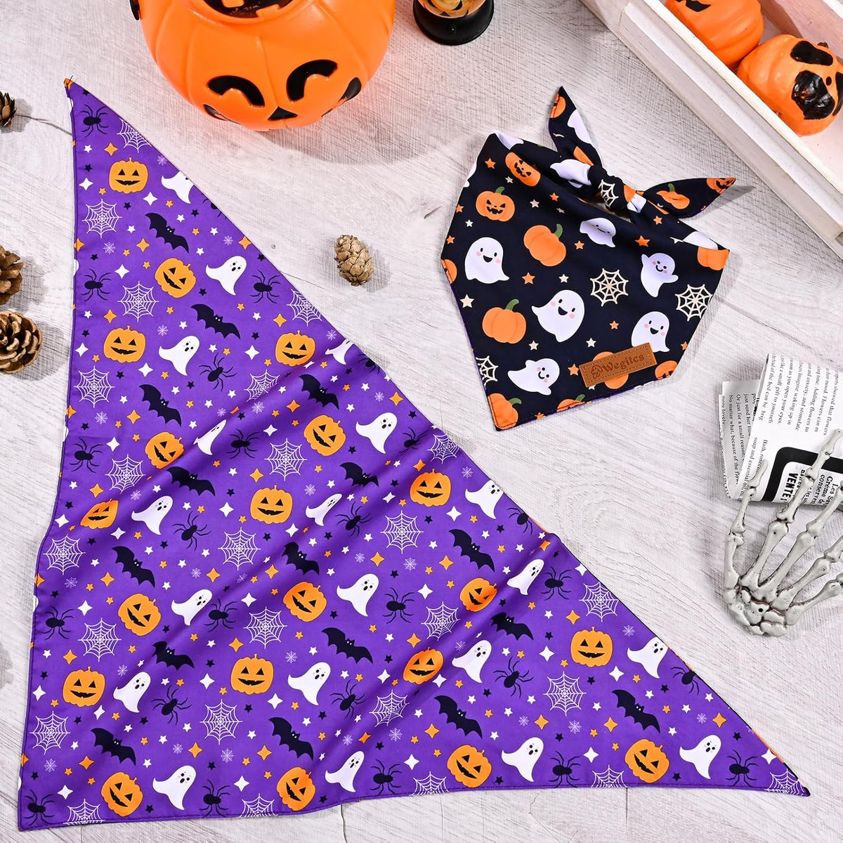 2 Pack Halloween Dog Bandanas,Leather Brand Logo, Double-Layed Soft Skin-Friendly Fabric, Autumn