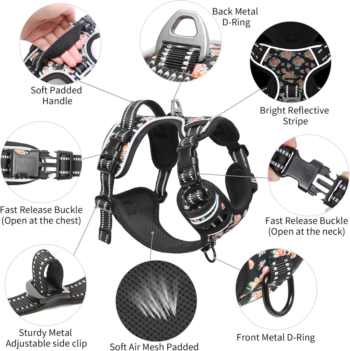Timos No Pull Dog Harness,NO Need Go Over Dogs Head 3 Snap Buckles Reflective Oxford No Choke
