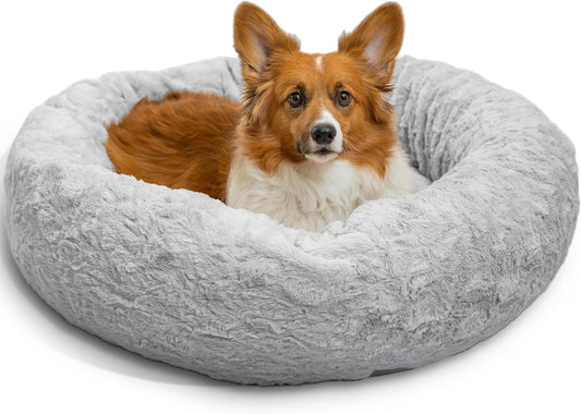 Best Friends by Sheri Original Calming Donut Dog and Cat Bed, Lux Faux Fur, Gray, (30in x 30in)