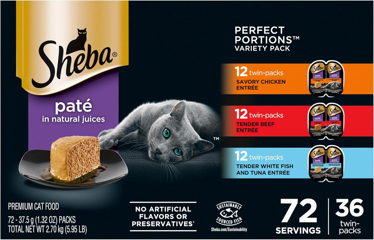 Sheba Perfect Portions Wet Cat Food Pate Savory Chicken Entree, Tender Beef Entree, and Tender