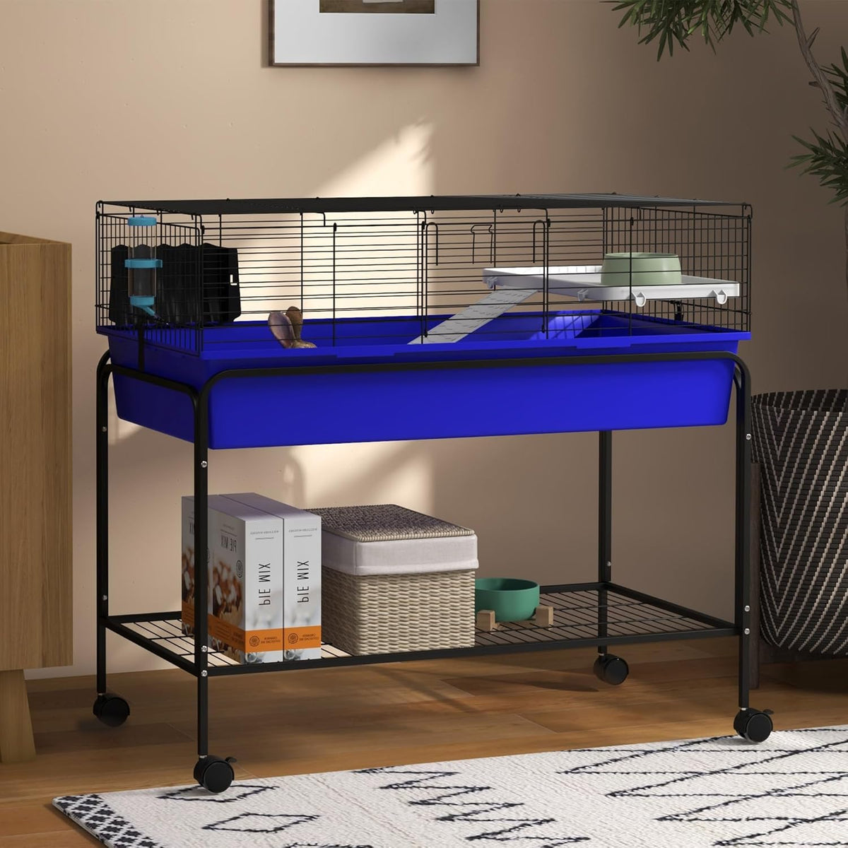 PawHut Two-Story Small Animal Cage Removable from Stand, Guinea Pig Cage with Shelf & Wheels, Pet