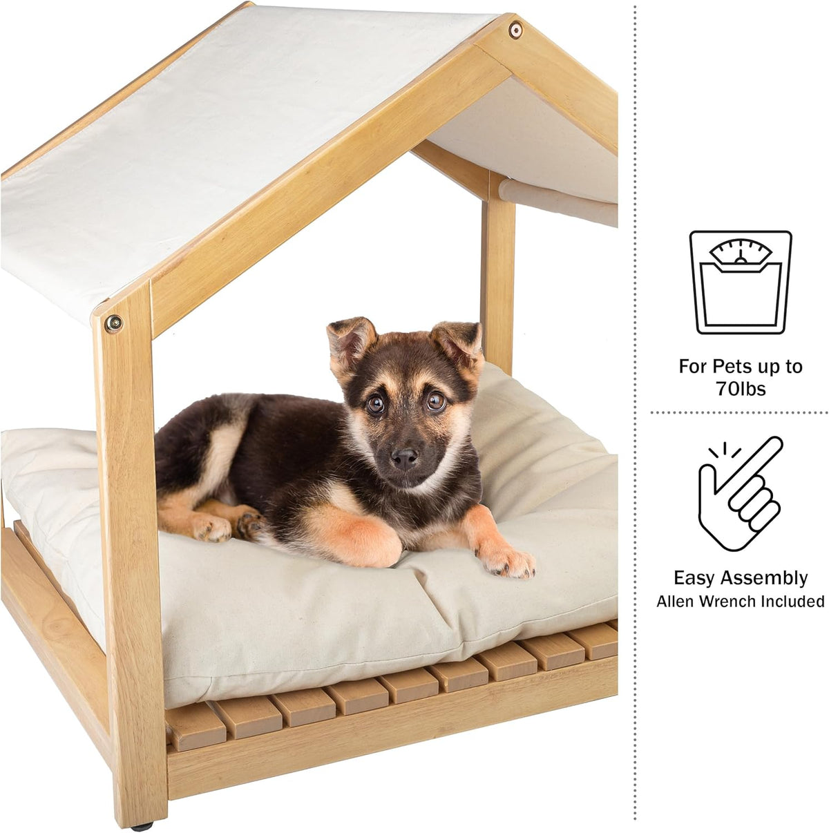 Dog House - 30x24-Inch Indoor Dog House with Soft Cushion and Adjustable Canopy - Wood Dog