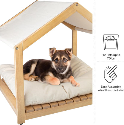 Dog House - 30x24-Inch Indoor Dog House with Soft Cushion and Adjustable Canopy - Wood Dog