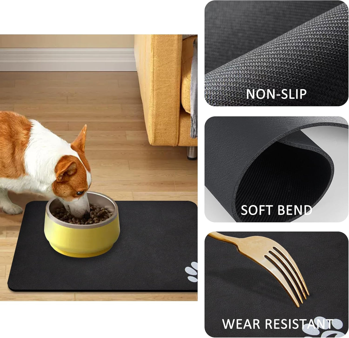 YCT Pet Dog Cat Feeding Mats - Non-Slip, Super Absorbent, Eating Mat with Footprints, 24 x 16.9