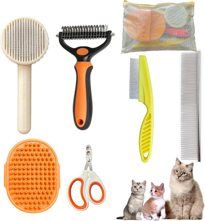 Cat Grooming Brush Kit 6 Tools - Deshedding & Dematting for Long/Short Hair, Self-Cleaning Slicker