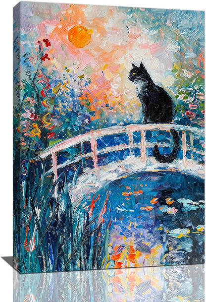 Quorin Black Cat Wall Art Water Lily Sunset Pictures Cat Wall Decor Impressionism Canvas Print