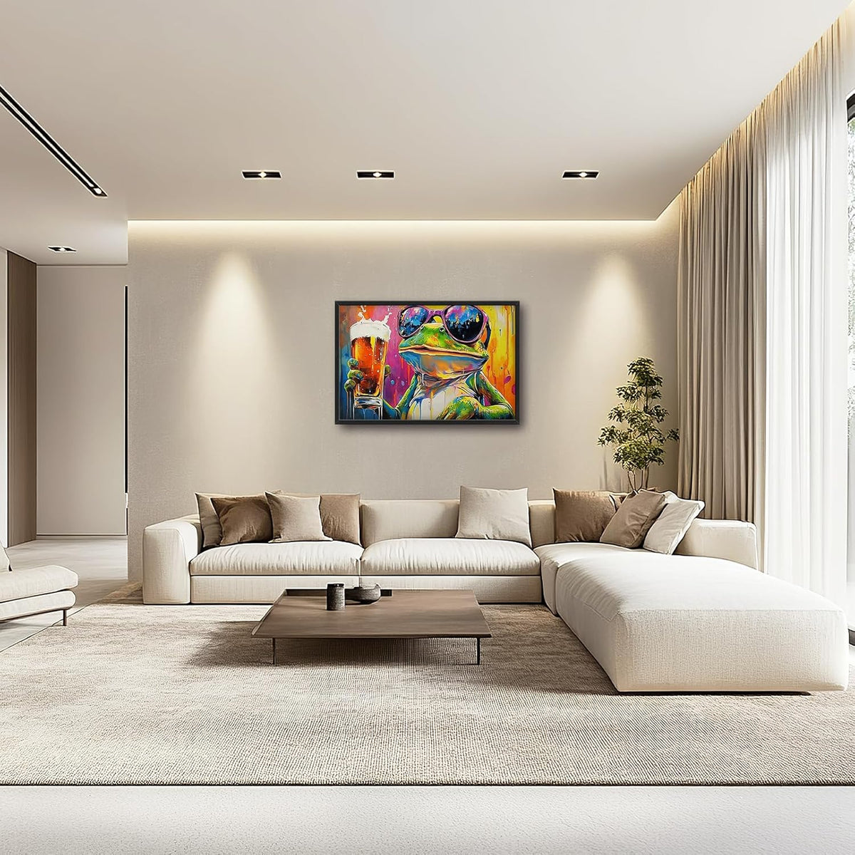 Large Graffiti Frog Wall Art for Living Room, Framed Oversized Funny Frog Beer Wall Decor Colorful