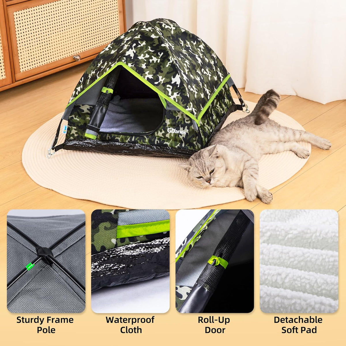 GDanes Camouflage Cat Tent, Portable Pet Cat House with Soft Pad, Cat Cave, Dog House for Small